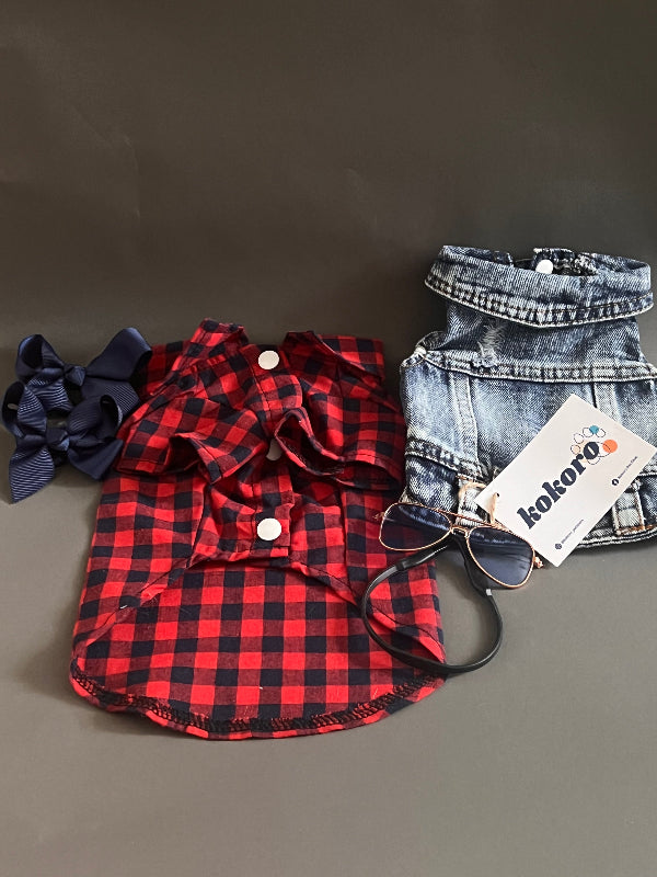 ESTE ES UN OUTFIT CON LA CAMISA DE CUADROS AZUL MARINO Y ROJO. TOP SELLER PUEDE USARLO PERROS O GATOS, ES UNA CAMISA FRESCA COMBINABLE Y UNISEX.