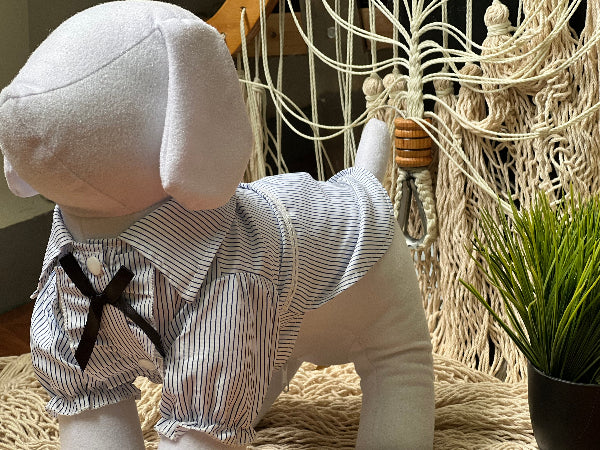 CAMISA DE RAYITAS AZUL MARINO FONDO BLANCO, CON BOTONES A PRESION Y OLANES EN LA PARTE DE ENFRENTE QUE PARECE LAS CAMISAS DE ESMOQUIN. PARA PERRITO O GATITO DE RAZA PEQUEÑA.
