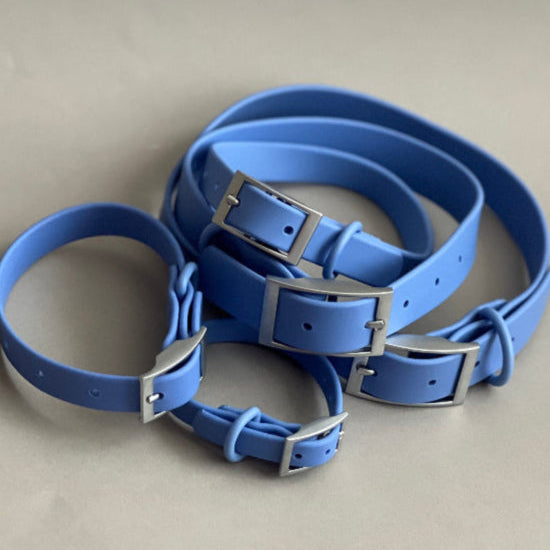 COLLAR PARA PERRO AZUL DE PVC, ES LIGERO, FACIL DE LAVAR, RESISTENTE EN 5 TAMAÑOS PARA RAZAS PEQUEÑAS, MEDIANAS Y GRANDES.