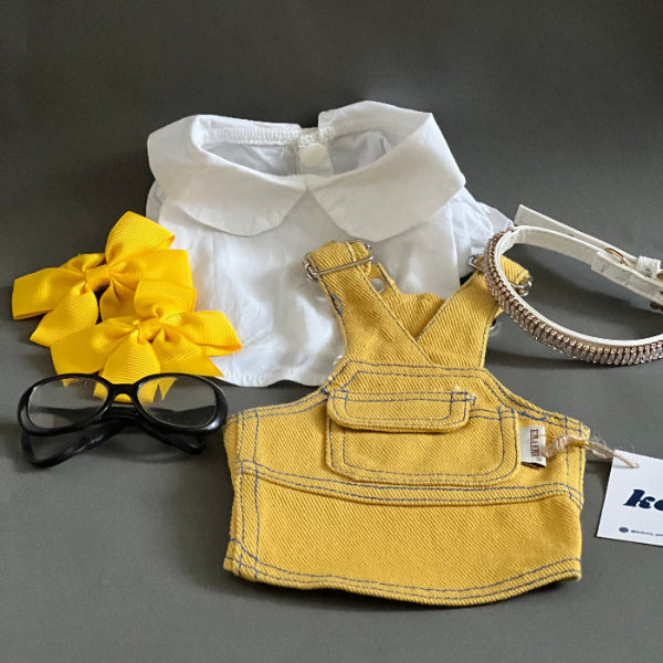 OUTFIT TODO POR SEPARADO. OVEROL O PETO DE MEZCLILLA COLOR Amarillo, PARA RAZAs pequeñas. facil de poner