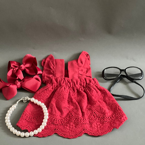 OUTFIT CON VESTIDO DE ALGODON DE TELA PERFORADA, LIGERO Y FACIL DE PONER. ELEGANTE PARA RAZAS PEQUEÑAS. COLOR ROJOVINO