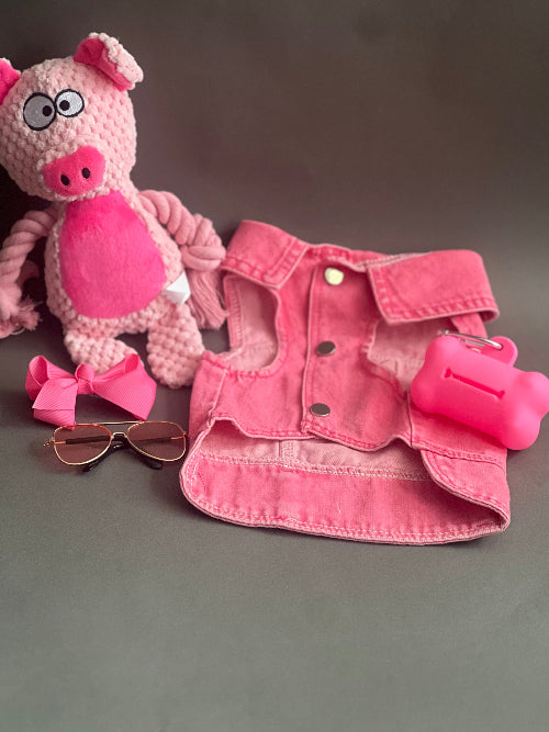 OUTFIT CON CHALECO ROSA. CHALECO PARA PERRO O GATO DE MEZCLILLA EN COLOR ROSA CON BOTONES A PRESIÓN PARA PERRO O GATO. SIN MANGA, HECHO DE ALGODÓN, SE PUEDE USAR SOLO O CON CAMISA, JERSEY, POLO, PLAYERA. UNA PRENDA CON MUCHAS COMBINACIONES.