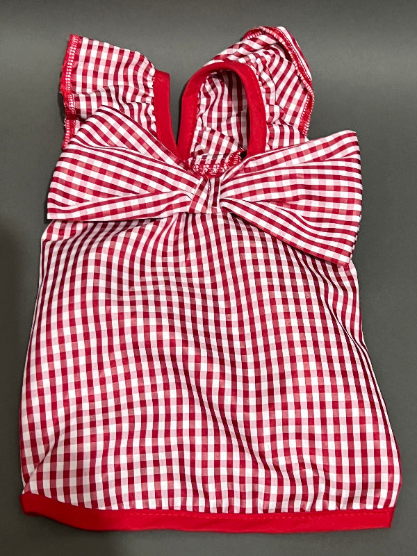 Blusa para perro y gato en cuadros color rojo, fresca, coqueta, sin mangas ni botones.