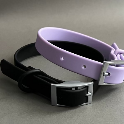 COLLAR PARA PERRO COLOR NEGRO Y COLOR LILA DE PVC, ES LIGERO, FACIL DE LAVAR, RESISTENTE EN 5 TAMAÑOS PARA RAZAS PEQUEÑAS, MEDIANAS Y GRANDES.