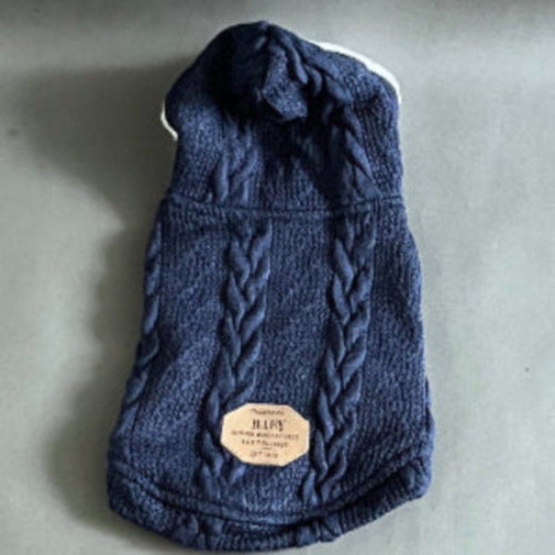 SUDADERA TEJIDA CON CAPUCHA ,  EN COLOR AZUL MARINO, FORRADA EN TELA POLAR, ES SIN MANGA, MUY CALIENTITA IDEAL PARA PERRO Y GATO. COMODA Y ELEGANTE.