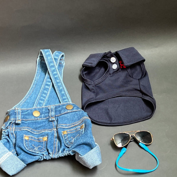 OUTFIT CON OVEROL DE MEZCLILLA PARA PERRO O GATO, UNA MEZCLILLA SUAVE QUE LES PROPORCIONA COMODIDAD, PERO SE VEN BIEN VESTIDOS, IDEALES PARA DIAS DE CALOR, 
